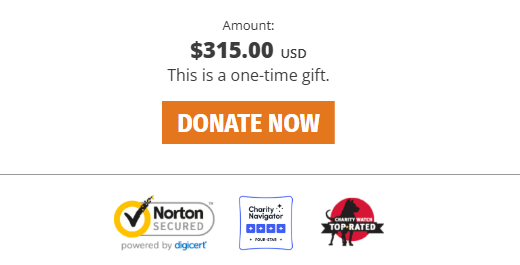 The bottom of the CARE online donation page, with buttons demonstrating certifications from Norton, Charity Navigator, and CharityWatch